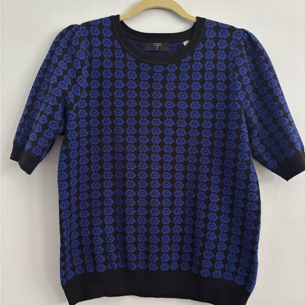 Tahari Blue and Black Patterned Blouse
